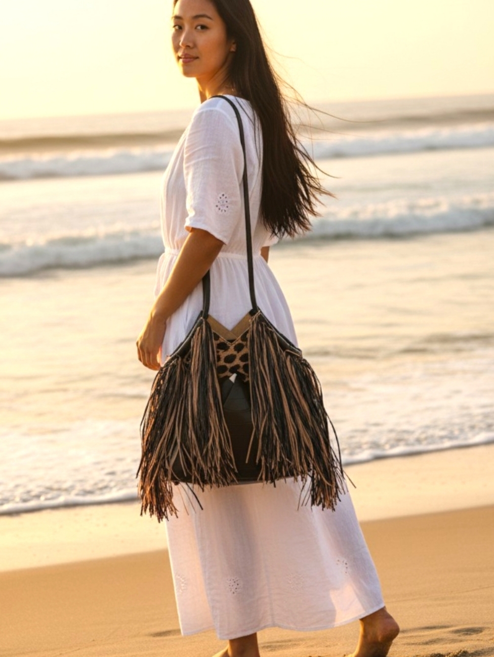 Ulla Johnson Charlotte fringe black & tapir shoulder bag with suede lining - Picture 10 of 15